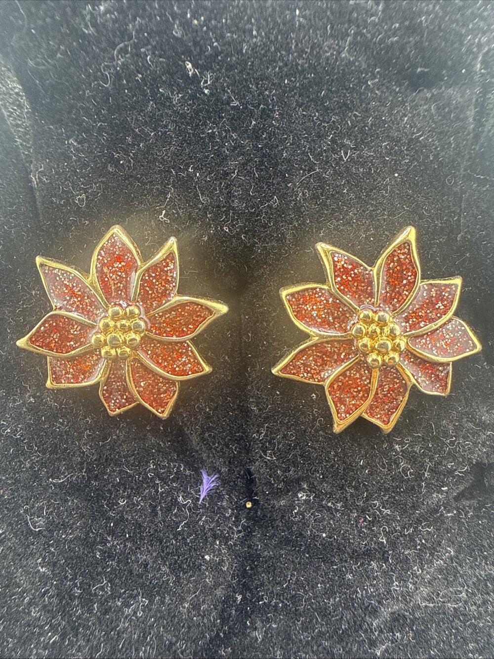 Vintage Premier Designs Poinsettia Pierced Stud Earrings Christmas Red Glitter